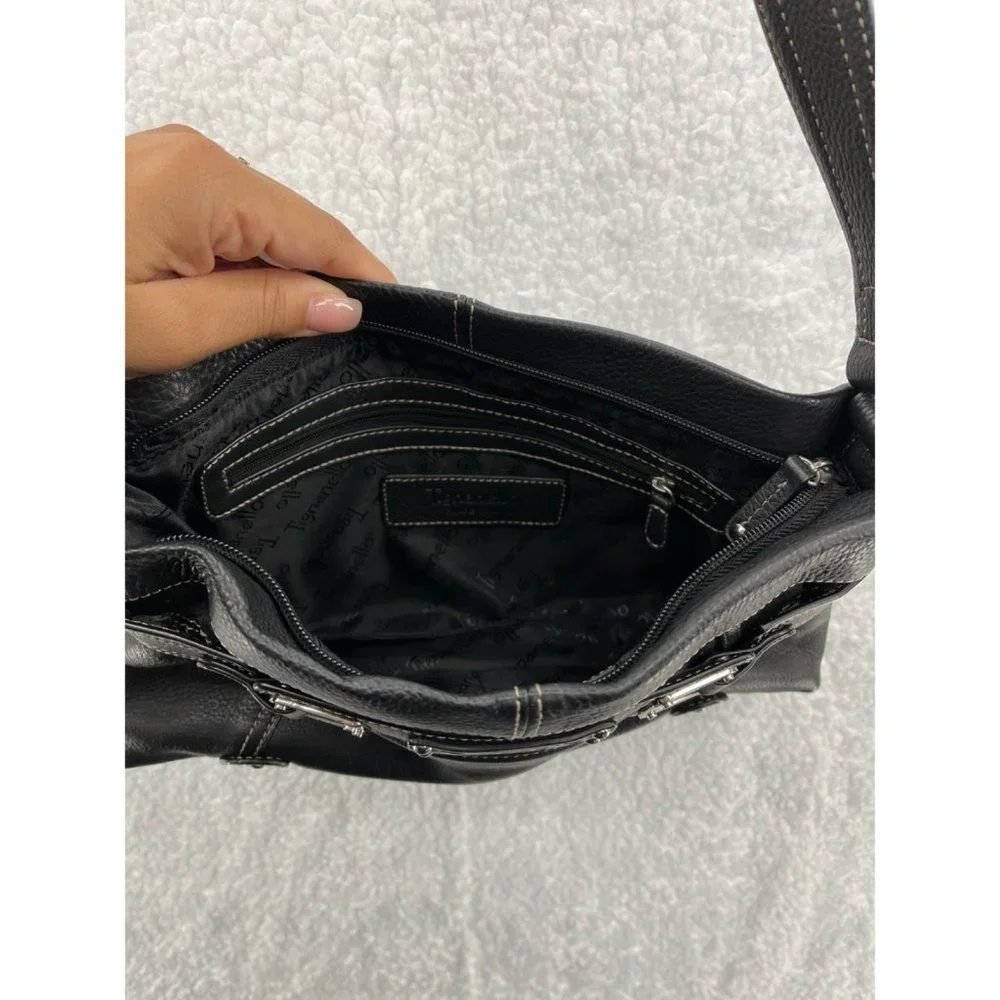 Tignanello Womens Shoulder‎ Bag Black Textured Zipper Pockets Sling M